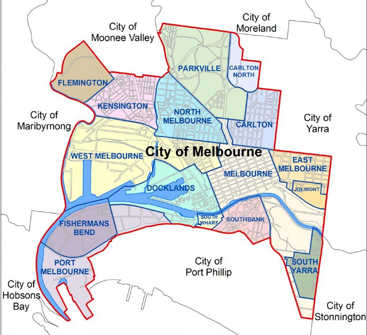 térkép Melbourne-ben, valamint a környező területeken